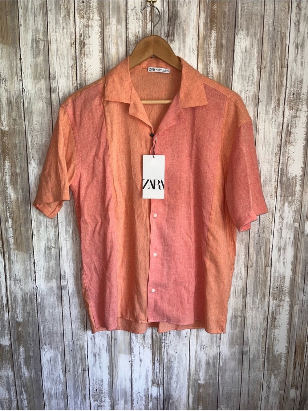 Zara Man Two Tone Linen Blend Camp Collar Button Up Shirt Coral Pink S